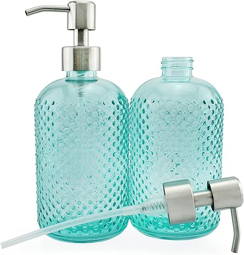 Vista 6 de AuldHome Design Dispensador de jabón de vidrio Hobnail (verde, paquete de 3); botellas decorativas con bomba