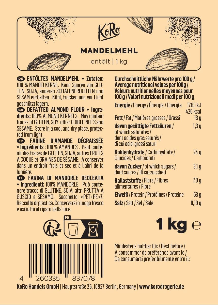 KoRo - Farine d’amande déshuilée 1 kg - Farine low carb, idéal pour régime keto