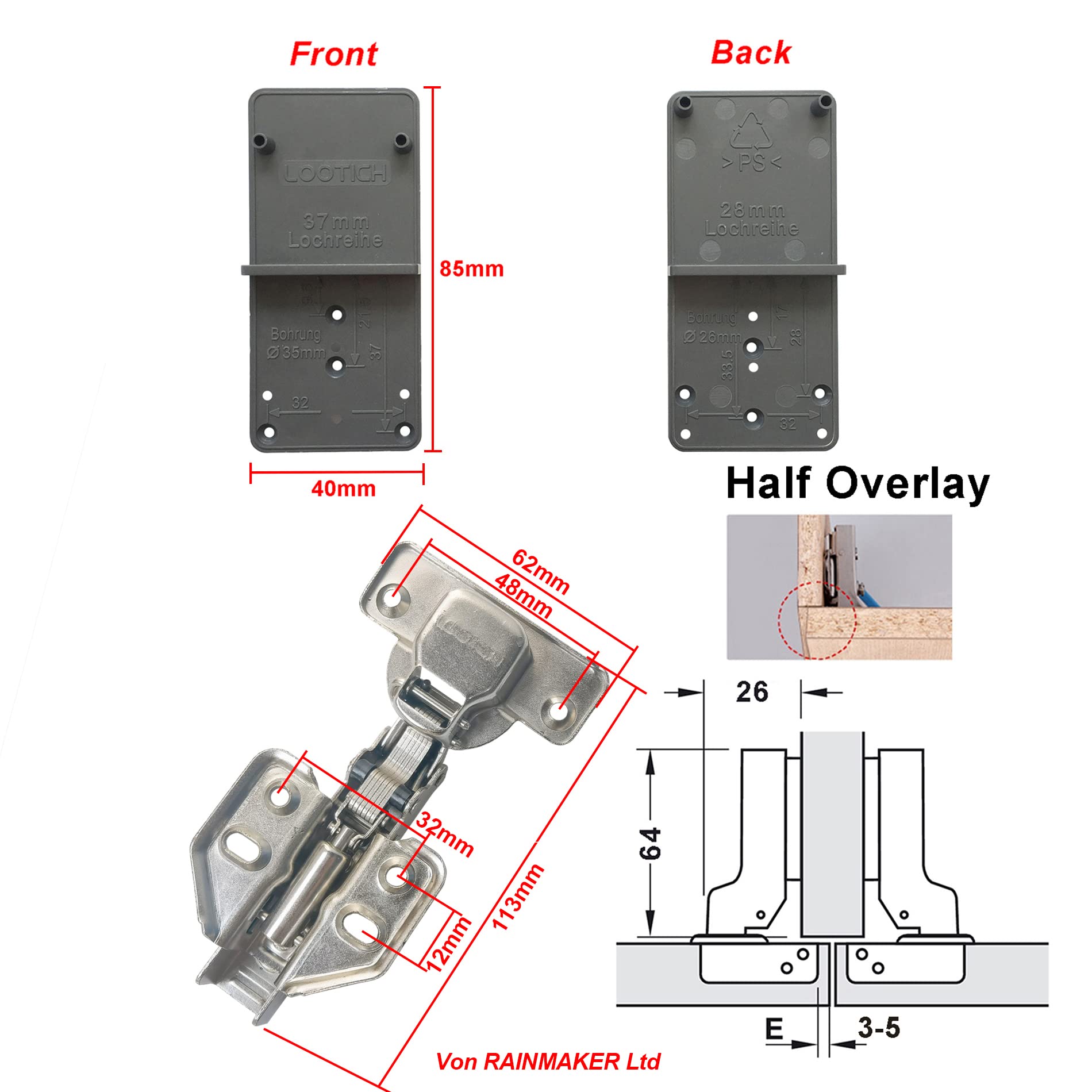 LOOTICH 110 Deg Kitchen Units Concealed Cabinet Door Mute Hinges 35mm Soft Close Half Overlay Mounting 2 Piece (Include Drilling Jig) - Image 2