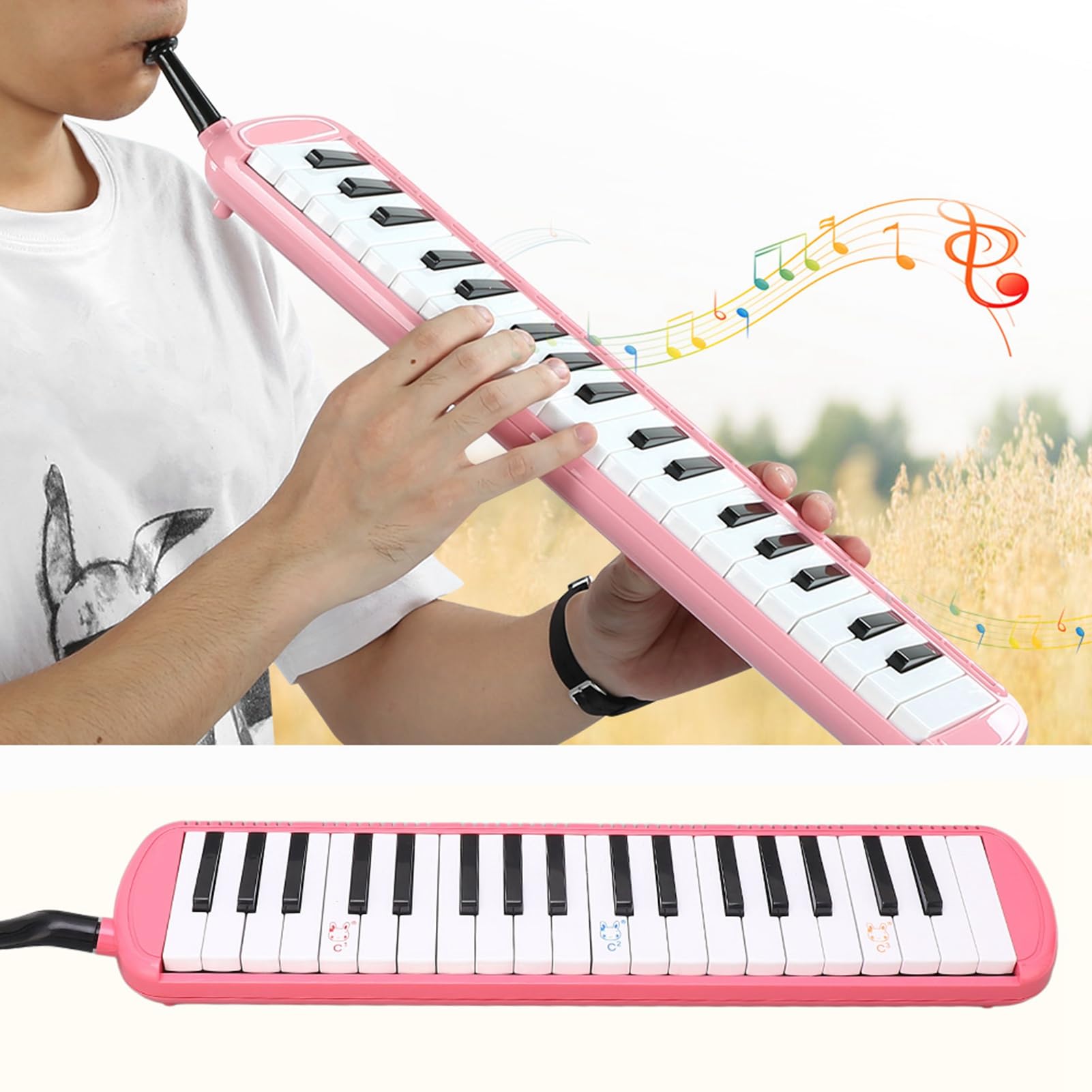 Melódica de 37 teclas, instrumento de viento de acero inoxidable con boquillas cortas y estuche - Regalo musical ideal para niños y niñas (rosa)