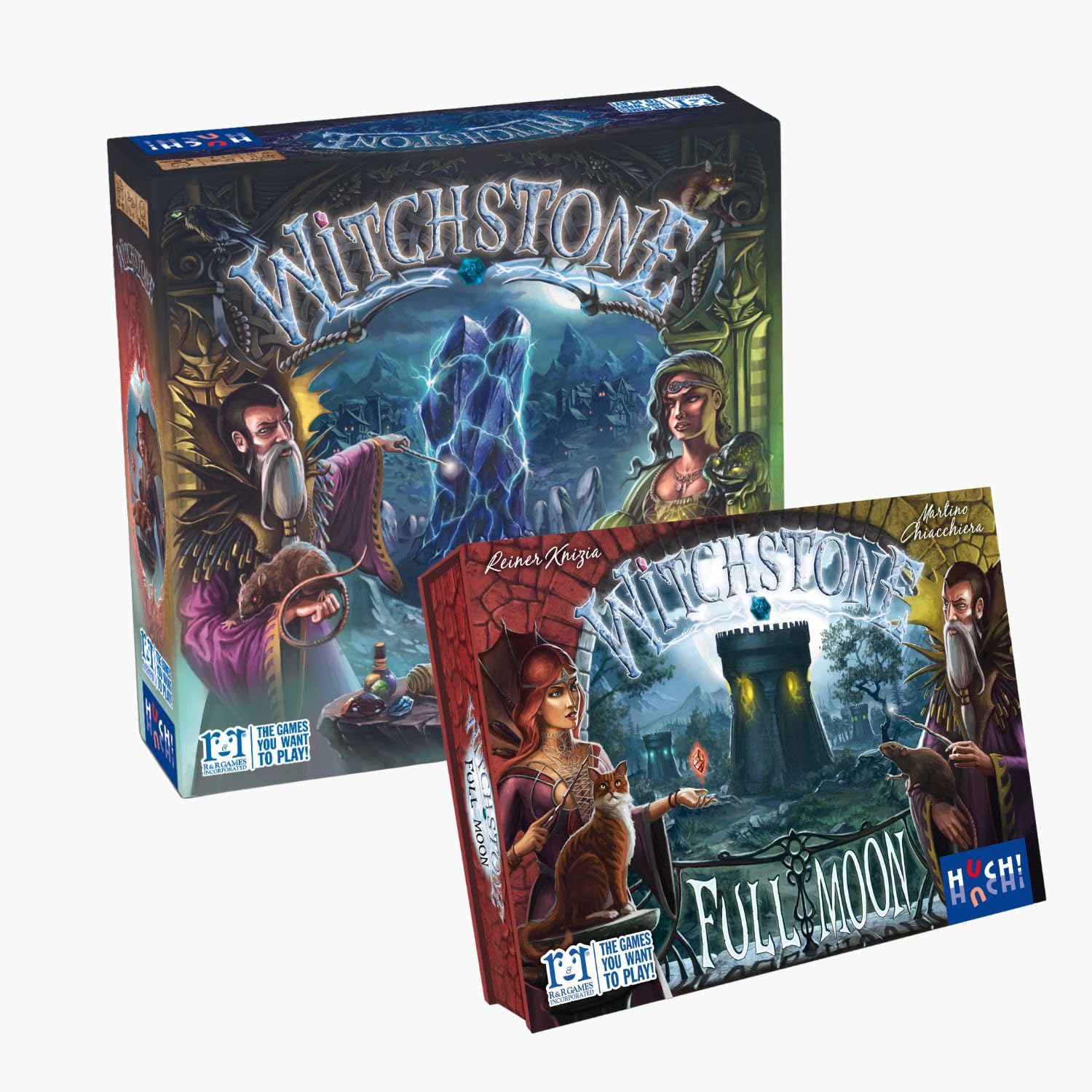 HUCH!, Bundle Witchstone + Erweiterung Full Moon - Strategiespiel und Erweiterung mit 4 Großmeisterfiguren und 2 Modulen, für 2-4 Spieler ab 12 Jahren