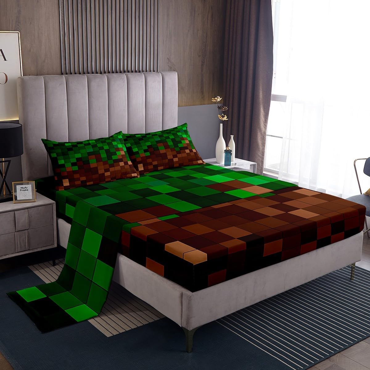 Manfei Pixelated Bed Sheets Queen Size,Patchwork Grid Video Games Bedding Set, Miners Lattice Simple Boys Girls Room Decor,Dark Green Brown Sheet(Fitted+Flat+2 Pillowcases)