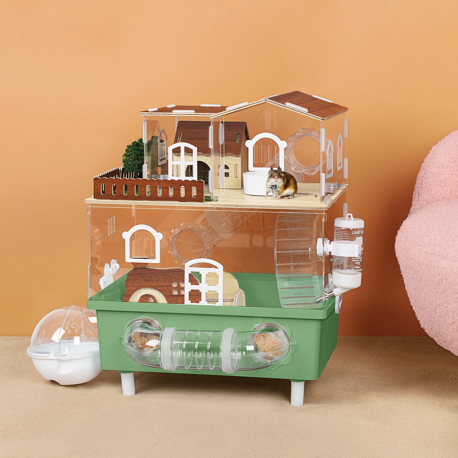 Acrylic Hamster Cage Large Hamster Habitat Dwarf Hamster Enclosure, 13.3''* 9.8''* 17.4'' Clear Pet Mice House for Syrian Small Hamsters, Green