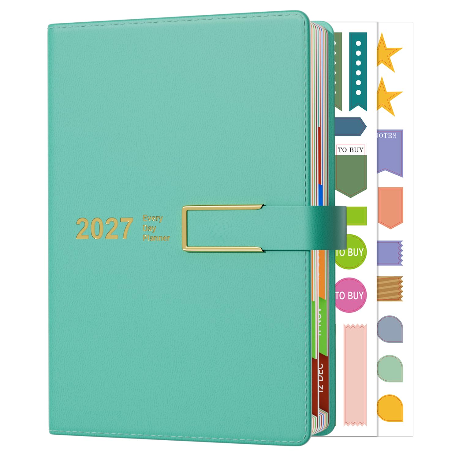 Diary 2027 Page A Day A5, January -December 2027, 2027 Year Diary Magnetic Buckle Band with Colorful Monthly Tabs, 400 Pages 80-gsm Ivory White Paper, 2 Bookmarks, Pocket & Stickers (8.5'' x 5.8'')