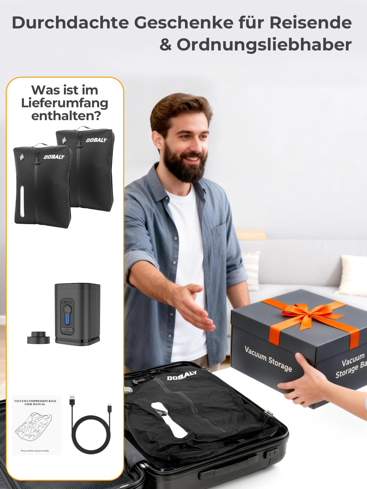 Dobaly Professionelle Vakuumsäcke für Reisen, IP67 Wiederverwendbare,Kompressionsbeutel für Koffer und Rucksack, Platzsparend & Langlebig, 24L (2Stk+Drahtlose Pumpe)