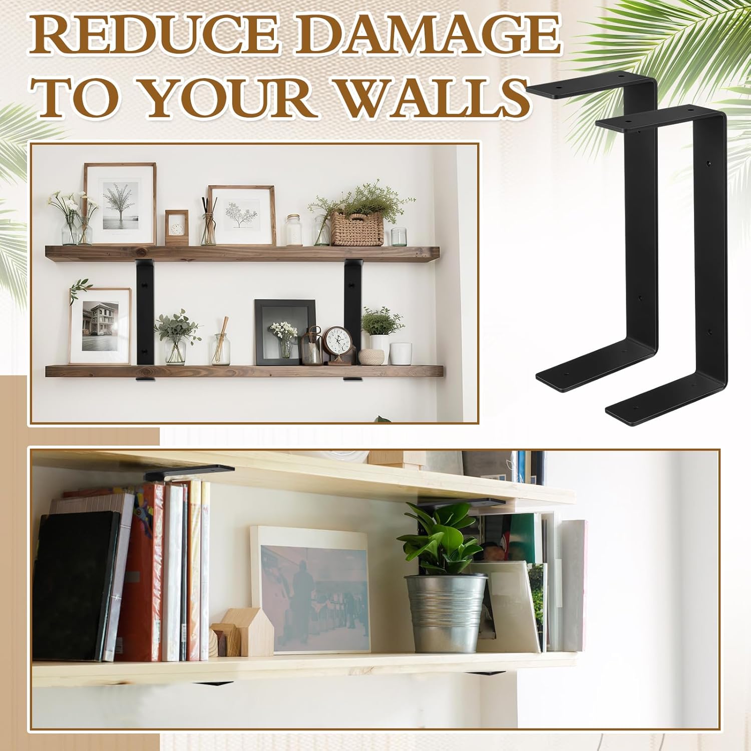 Shimeyao 2 Pack 5 Inch Heavy Duty Double Floating Shelf Brackets 1/5 Inch Thick U Shaped Shelf Bracket with Mounting Hardware Black Coated Metal Wall Industrial Modern Support