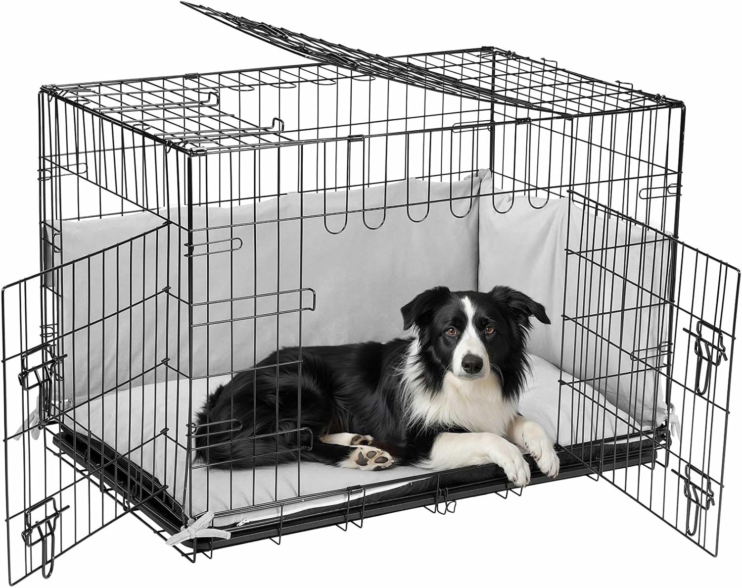 Veehoo 30 inch Dog Crates for Medium Dogs with Bumper-Three Doors Folding Metal Wire Dog Crate Cage Kennel, Indoor Outdoor Medium Dog Crate Kennels with Plastic Leak-Proof Tray-Portable Pet Kennel Kit 29.9"L x 17.7"W x 20.5"H Dog Crate with Pad