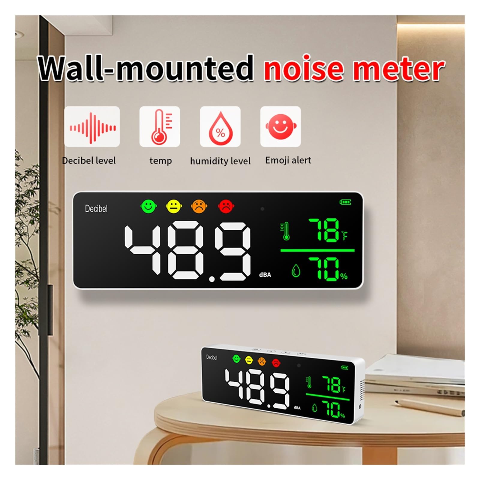 Medidor de Decibelios, Medidor de nivel sonido digital pared, 30-130 dBA, monitor decibelios
