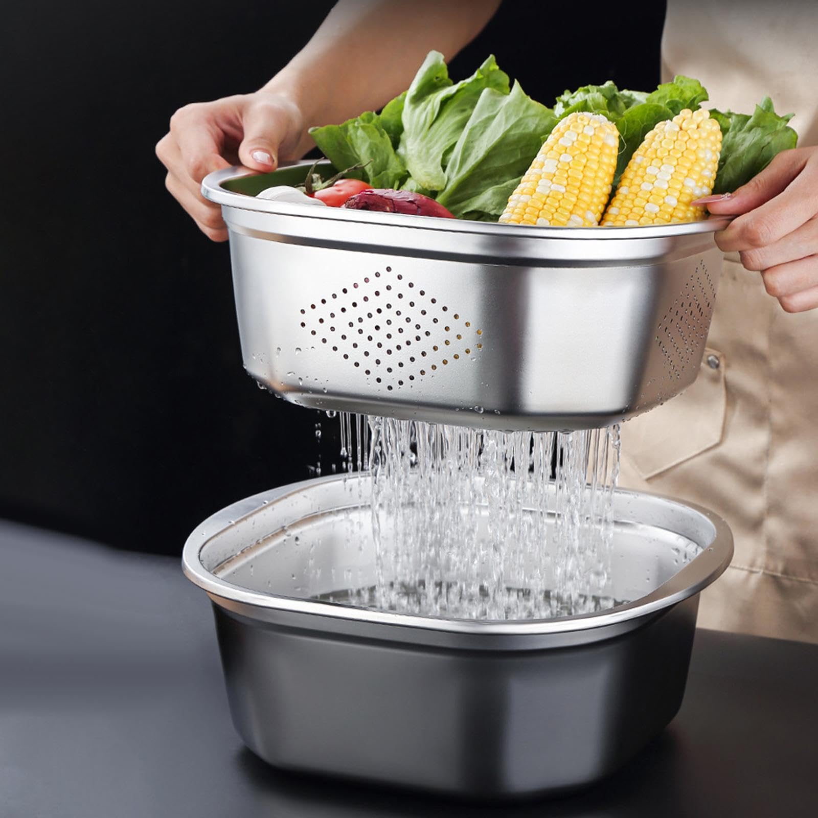 Edelstahl Sieb Schüssel System Pasta Mischschüssel Reissieb Aufbewahrungsbehälter mit Deckel für Lebensmittel Haushalt, 4600 Ml