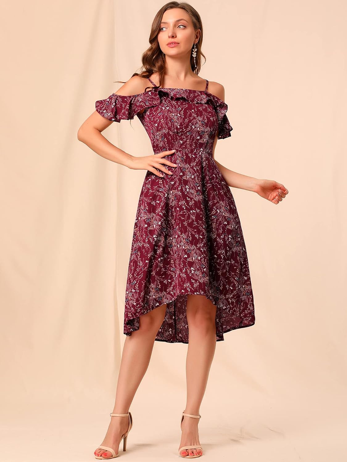 Allegra K Women's Spaghetti Strap Ruffled Sleeves Asymmetrical High Low Floral A-Line Midi Dress - Image 4