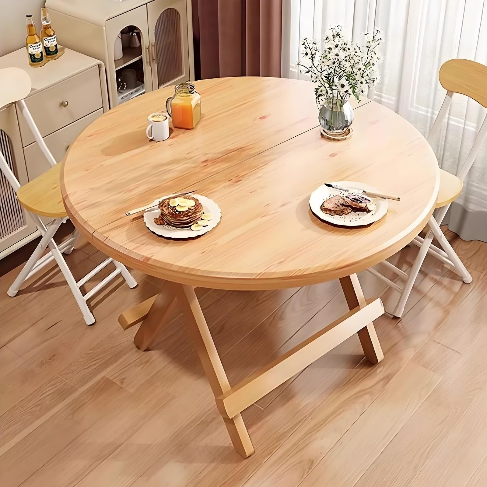 Round Drop Leaf Dining Table - Small Folding Kitchen Table with Solid Wood Legs Farmhouse Style Extendable Design Ideal for Dining Room Living Room or Restaurant Use