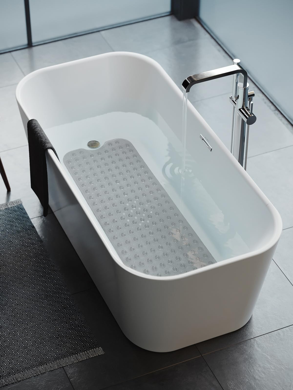 Linoows Bathtub and Shower Mats, Extra Long Non-Slip Bath Mat 39 x 16 Inch, Machine Washable Bath Tub Mat with Suction Cups & Drain Holes for Bathroom, Clear Grey