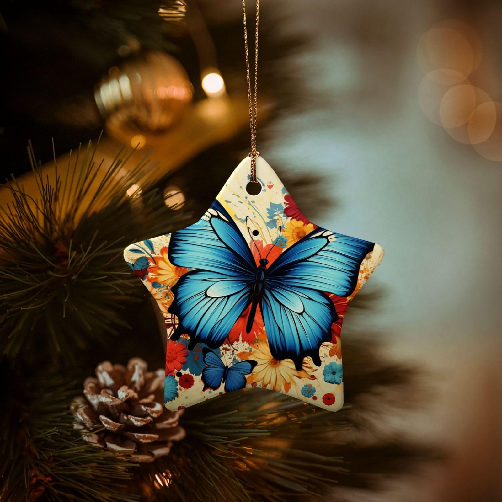 Christmas Ornaments for Christmas Tree Decoration Hanging Butterfly Ornament with Gold Ribbon Crafts Star Shape Ceramic Pendant for Keepsake Gifts Xmas Decor Party Supplies