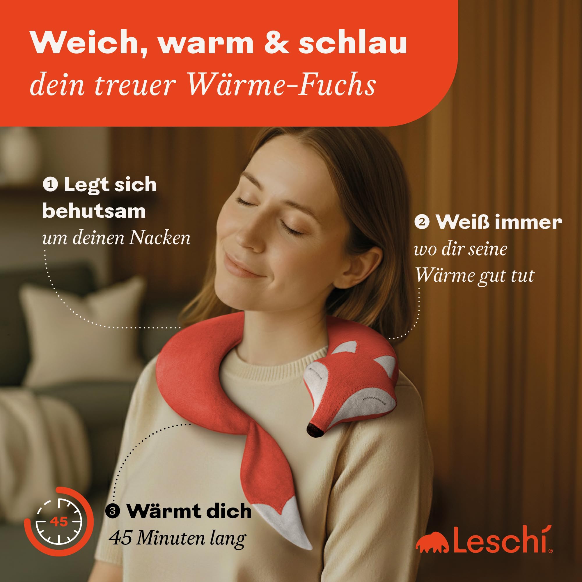 LESCHI Körnerkissen für Mikrowelle - anschmiegsames Wärmekissen aus 100% natürlicher Bio Baumwolle & Bio Weizen - ideal gegen Verspannungen an Nacken, Schultern und Hals - Fuchs, Rot