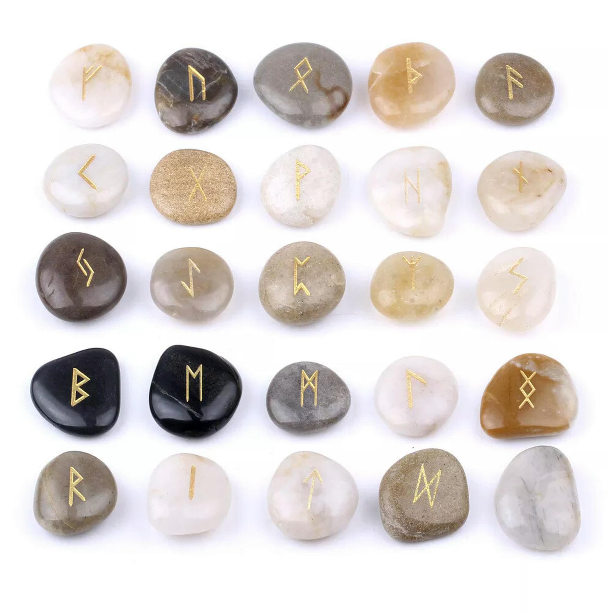 Lot de 25 Pierres polies Naturelles gravées de Runes