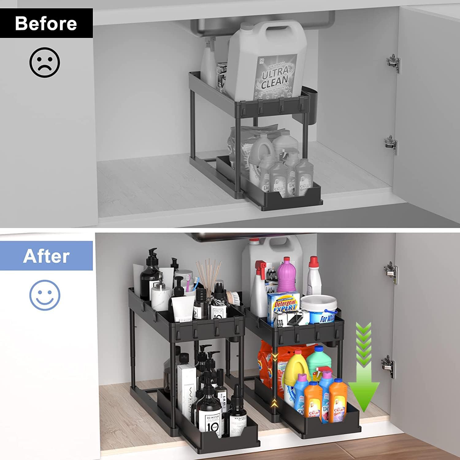 Under Sink Organizers and Storage, 2 Tier Black Bathroom Cabinet Organizer with 4-Height Adjustable Telescopic Tube,4 Removable Dividers,4 Hooks,1 Cup, Kitchen Under Sink Organizer,1 Pack