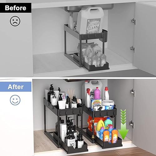 Miniatura 4 de Organizadores y almacenamiento para debajo del fregadero, organizador de gabinete de baño negro de 2 niveles con tubo telescópico ajustable de 4