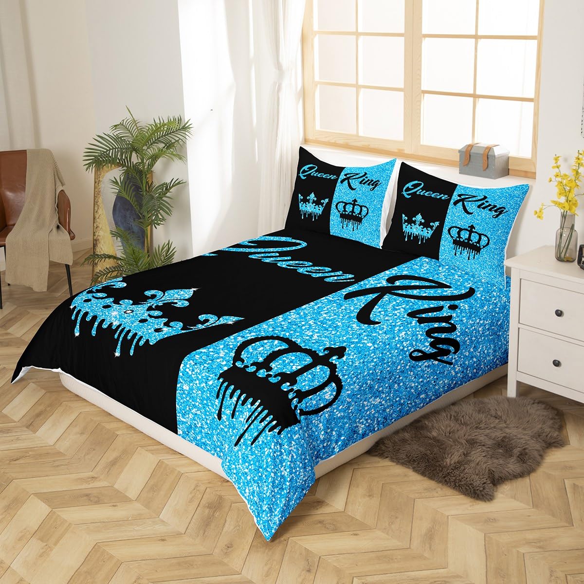Homemissing Black and Blue Crown King and Queen Duvet Cover King Size for Adults Couple Men Women,Valentine'S Day Wedding Gifts,His and Hers Quilt Cover 2 Pillowcases Bedroom Decor(No Glitter) - Image 2
