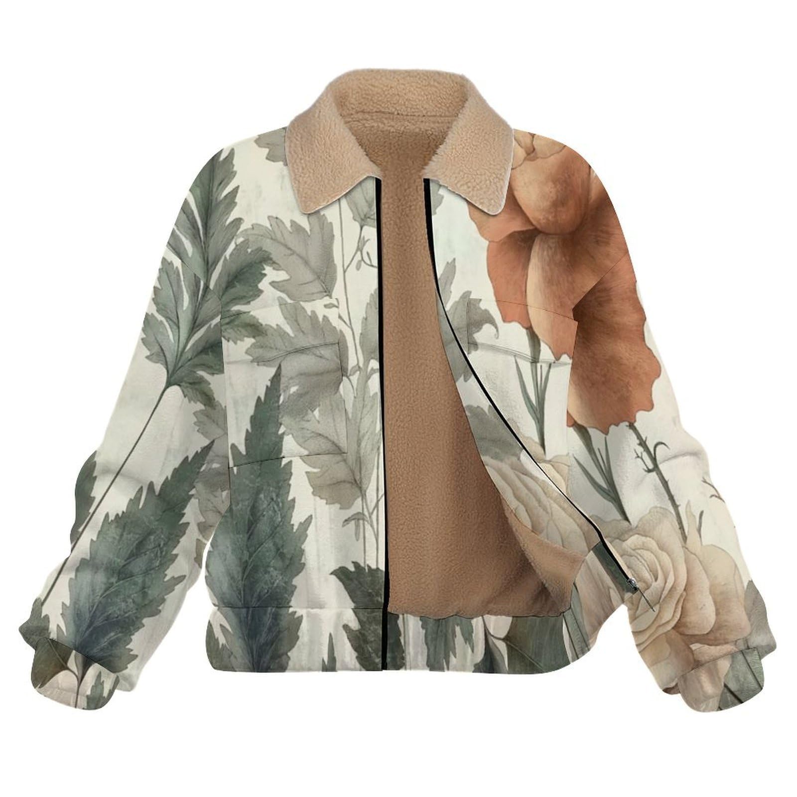 Giacca in Pile da Donna con Chiusura Lampo su Tutta la Lunghezza, Colletto Revers, Cappotto Foglie rose Calda Invernale con Tasche, per Escursioni e Tempo Libero