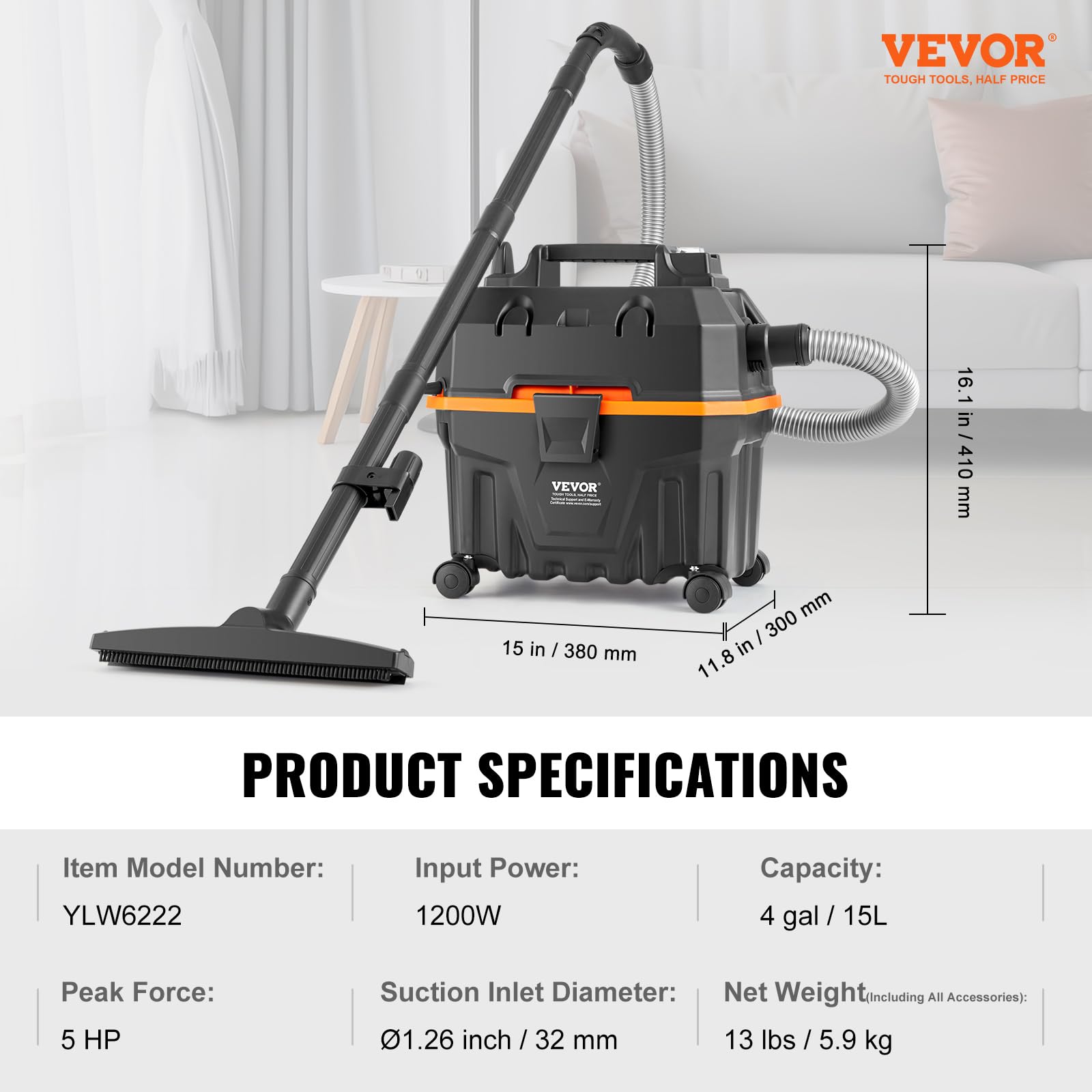 VEVOR Aspirapolvere per umidi asciutti 15 litri, Aspirapolvere portatile commerciale, 5 HP max., Aspirazione con ugello a rotelle, Aspirapolevere per tappeti, detriti, pelianimali domestici, Nero