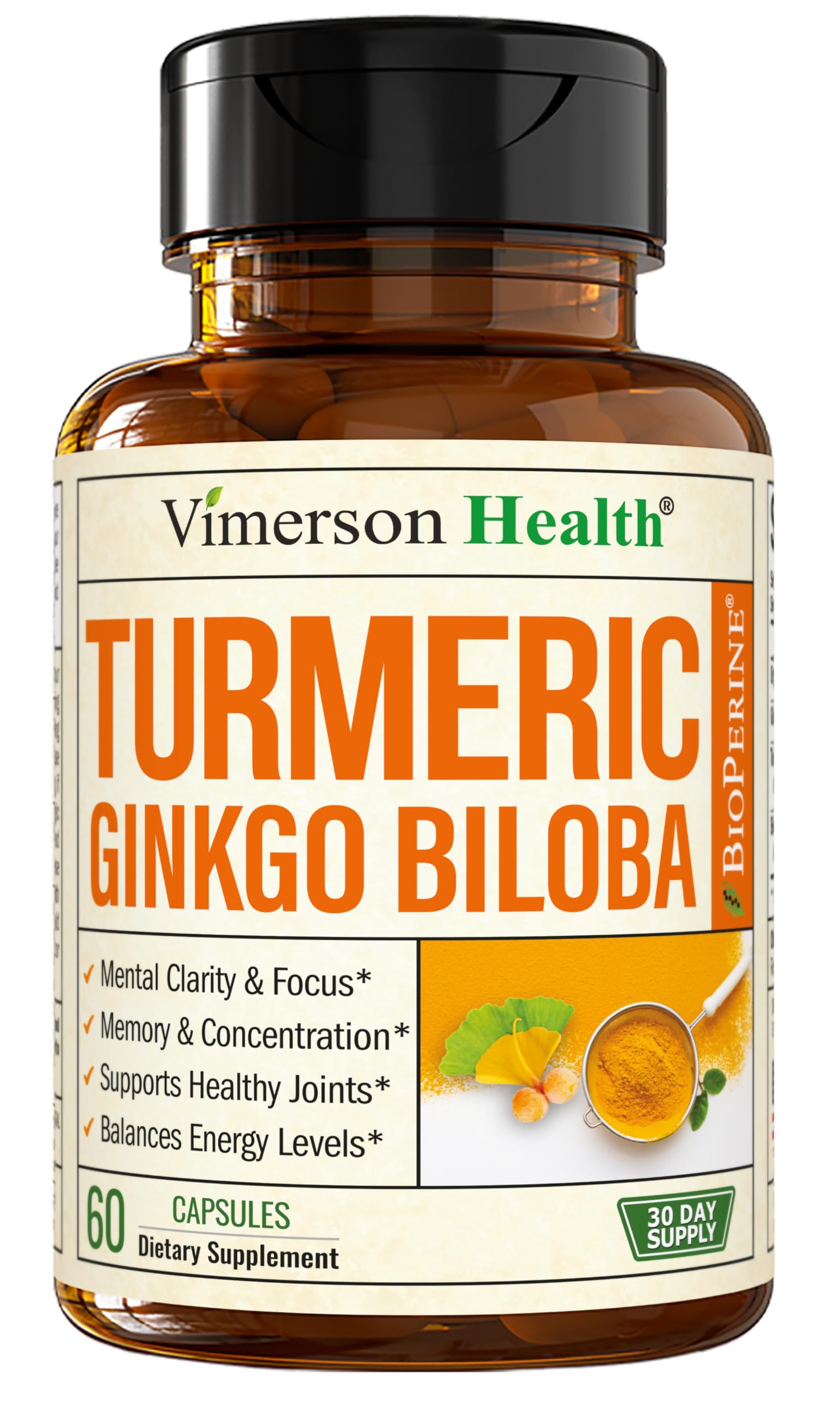 Ginkgo Biloba and Turmeric Curcumin Supplement with Black Pepper & Organic Tumeric – Natural Turmeric Supplement for Focus, Memory, Joint & Brain Health – 60 Vegan Ginko Biloba Capsules with Curcuma