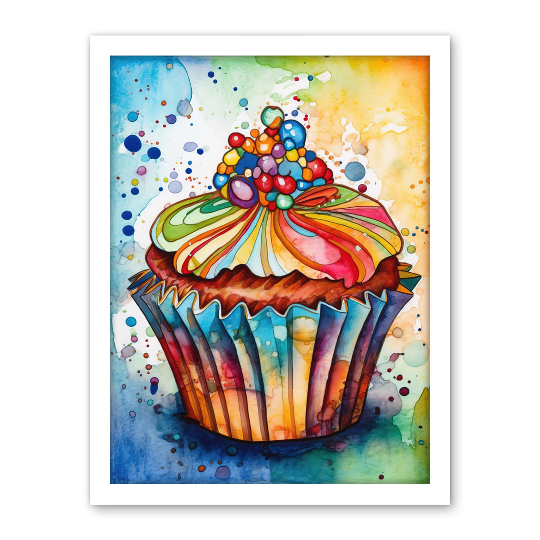 Artery8 Cupcake With Sprinkles Vibrant Watercolour Painting Artwork Framed Wall Art Print 18X24 Inch