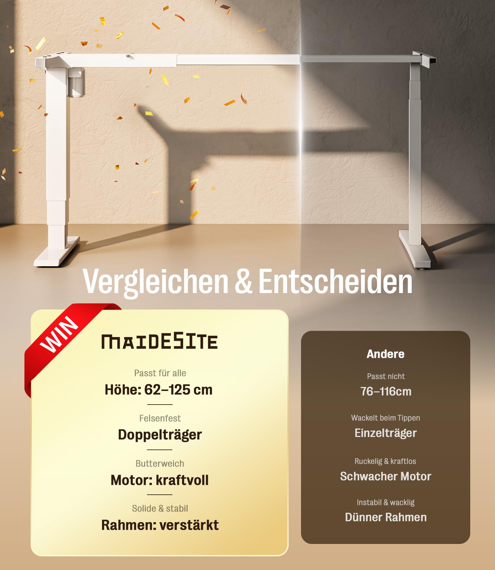 MAIDeSITe Escritorio Eléctrico de Altura Ajustable con Patas Cuadradas, Motor Silencioso y de bajo Consumo, Memoria de 4 Alturas y Recordatorio de Asiento, Escritorio de pie Ergonómico