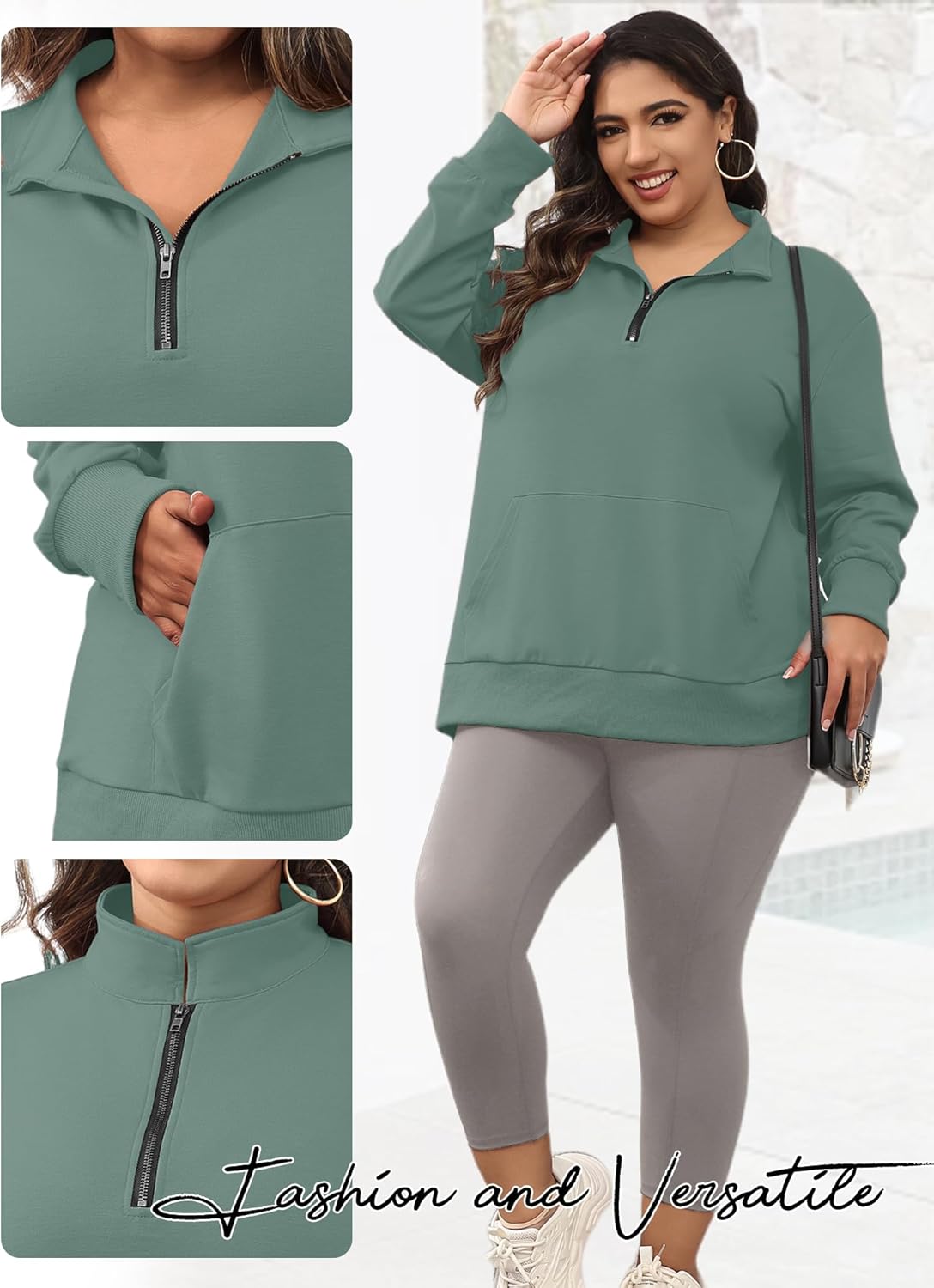TAKEYAL Plus Size Sweatshirts for Women Pockets Half Zip Pullover Long Sleeve Oversized Drop Shoulder Y2K Clothes - Image 5