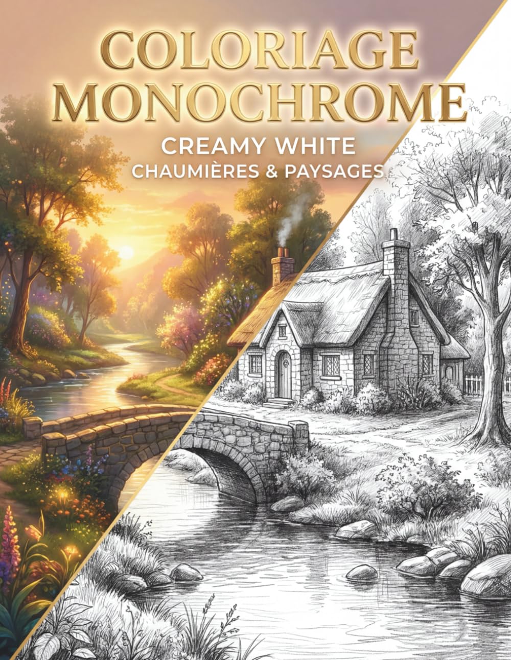 COLORIAGE MONOCHROME: CHAUMIÈRES ET PAYSAGES : 50 Dessins Réalistes en Niveaux de Gris pour la Relaxation des Adultes