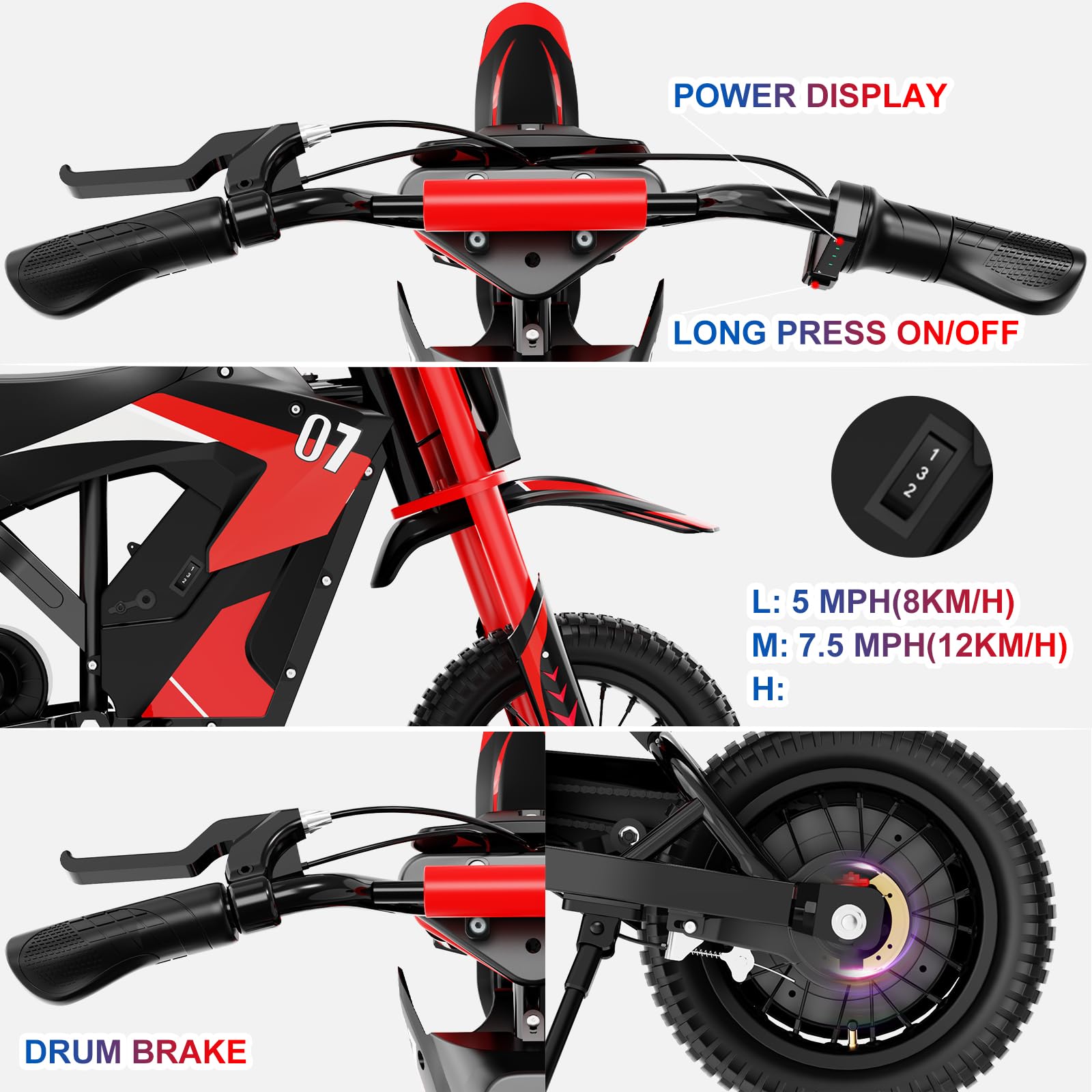 EVERCROSS EV12M Elektro Motorrad Kinder, Elektromotorrad mit 300W Motor, 3 Geschwindigkeitsmodus, 15KM Lange Reichweite, 12 Zoll Luftreifen, Moto Cross für Kinder Ab 110cm Körpergröße