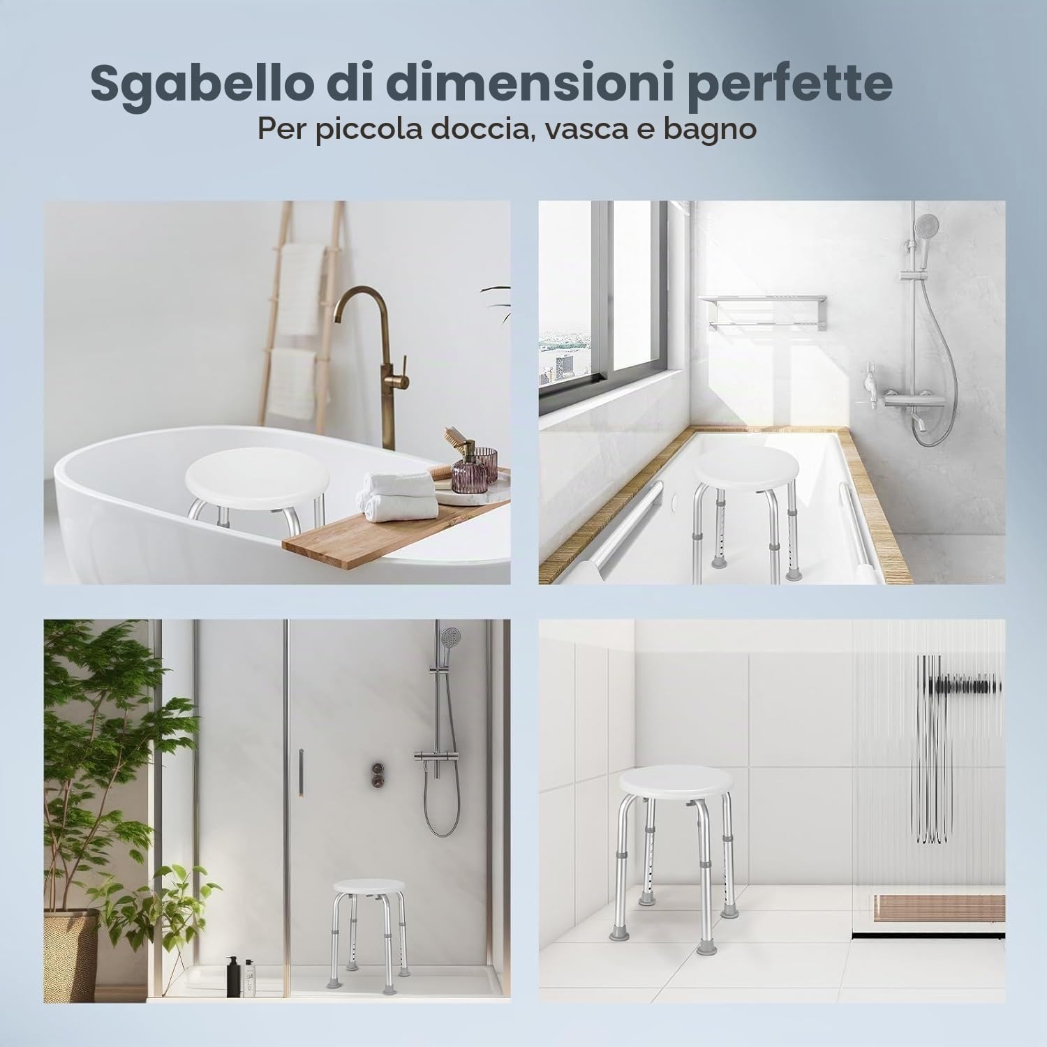 Careboda Sgabello doccia, 34-52cm, Alluminio, punte in gomma antiscivolo | Sgabello alluminio, alt. 34-52cm, punte gomma antiscivolo, robusto, anziani/incinte/mobilità ridotta.