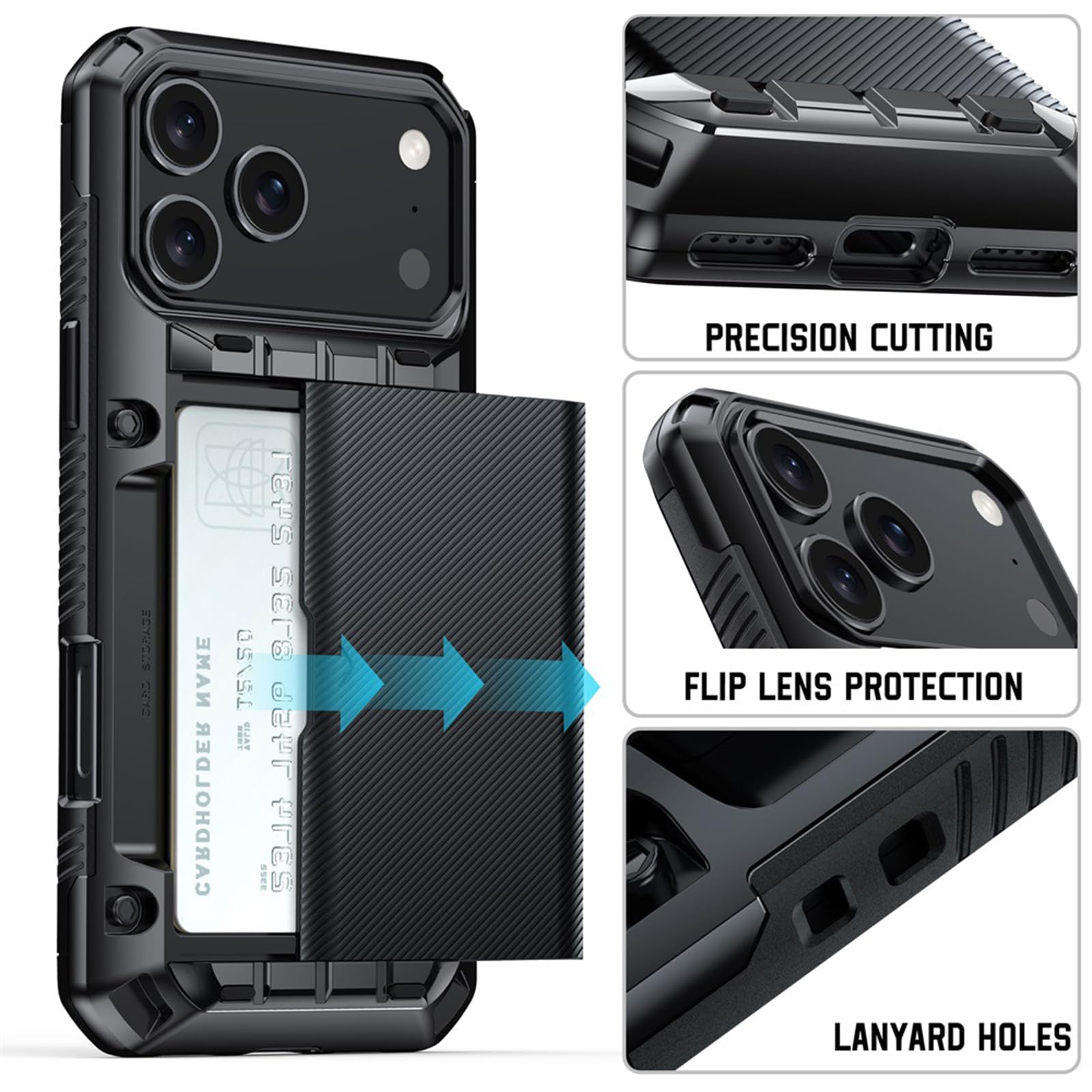 Stoßfeste Hülle für iPhone 17 Pro Max/17 Pro/17 Air/17, Schieben Kartenhalter Handyhülle Kratzfest rutschfeste Schutzhülle,Schwarz,17 Pro