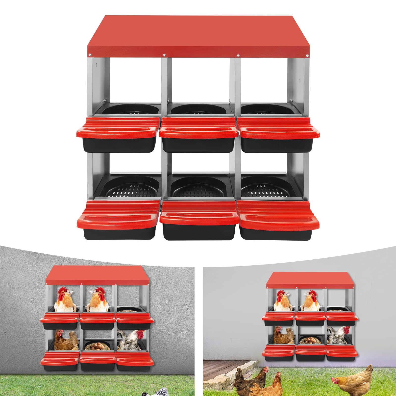 Nido di gallina a 6 scomparti, 81 x 52 x 79 cm, con scomparto automatico per ovoicoli, aperture di scarico, PP indipendente o montato a parete, per cortile, fattoria e pollaio (rosso)