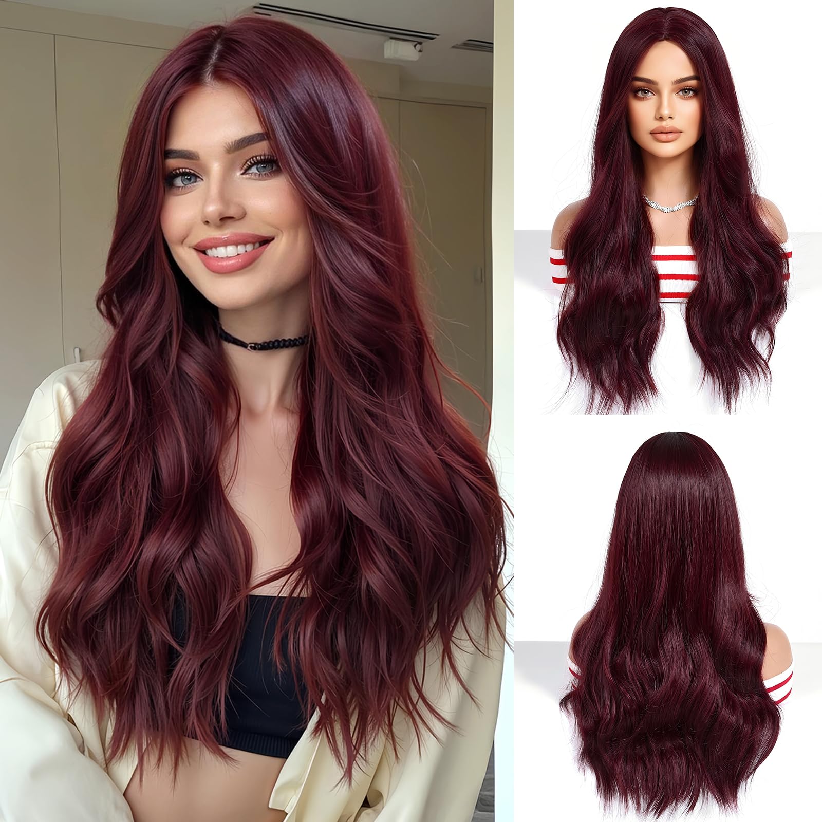 OUFEI Wine red Wigs for Women Long Curly Wig Synthetic Hair Heat Resistant Wigs for Daily Party Cosplay Wear