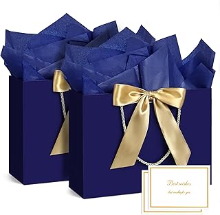 Gift Bags, Medium Gift Bags for Presents with Bow Ribbon, Present Bags with Handles 4 Tissue Papers and 2 Cards for Valentine\'s Day, Weddings, Birthday, Party, Celebration, Christmas(Blue 2Pcs)