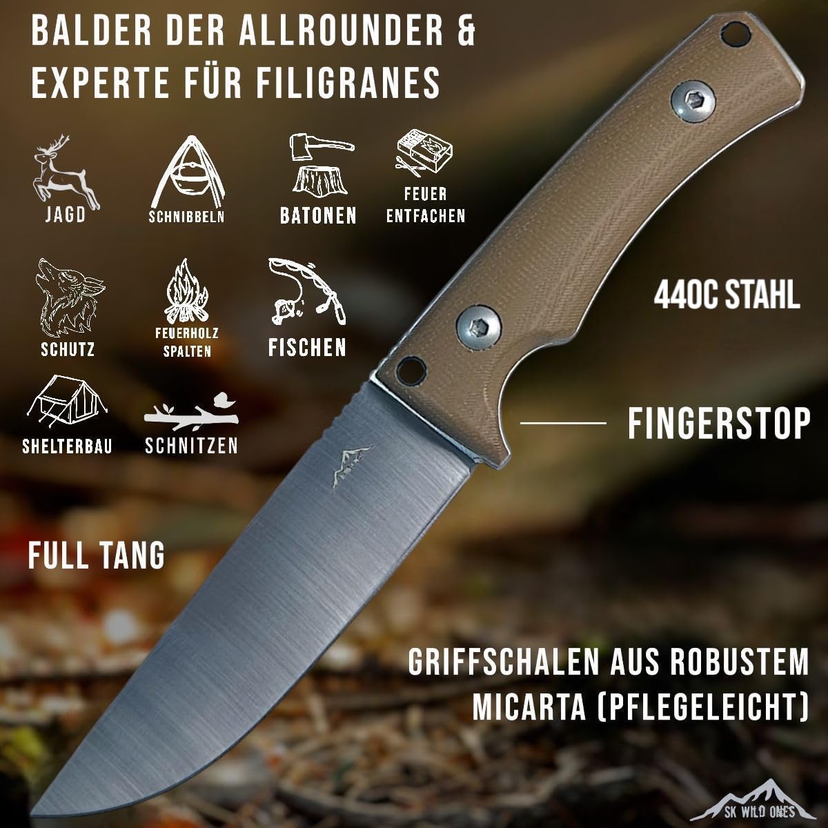 SK Wild Ones® Outdoor Messer Survival - Jagdmesser Feststehende Klinge - Survival Messer Outdoor Griff aus Micarta - Outdoormesser Feststehend - Aus 440C-Stahl Survival Knife für Camping Balder