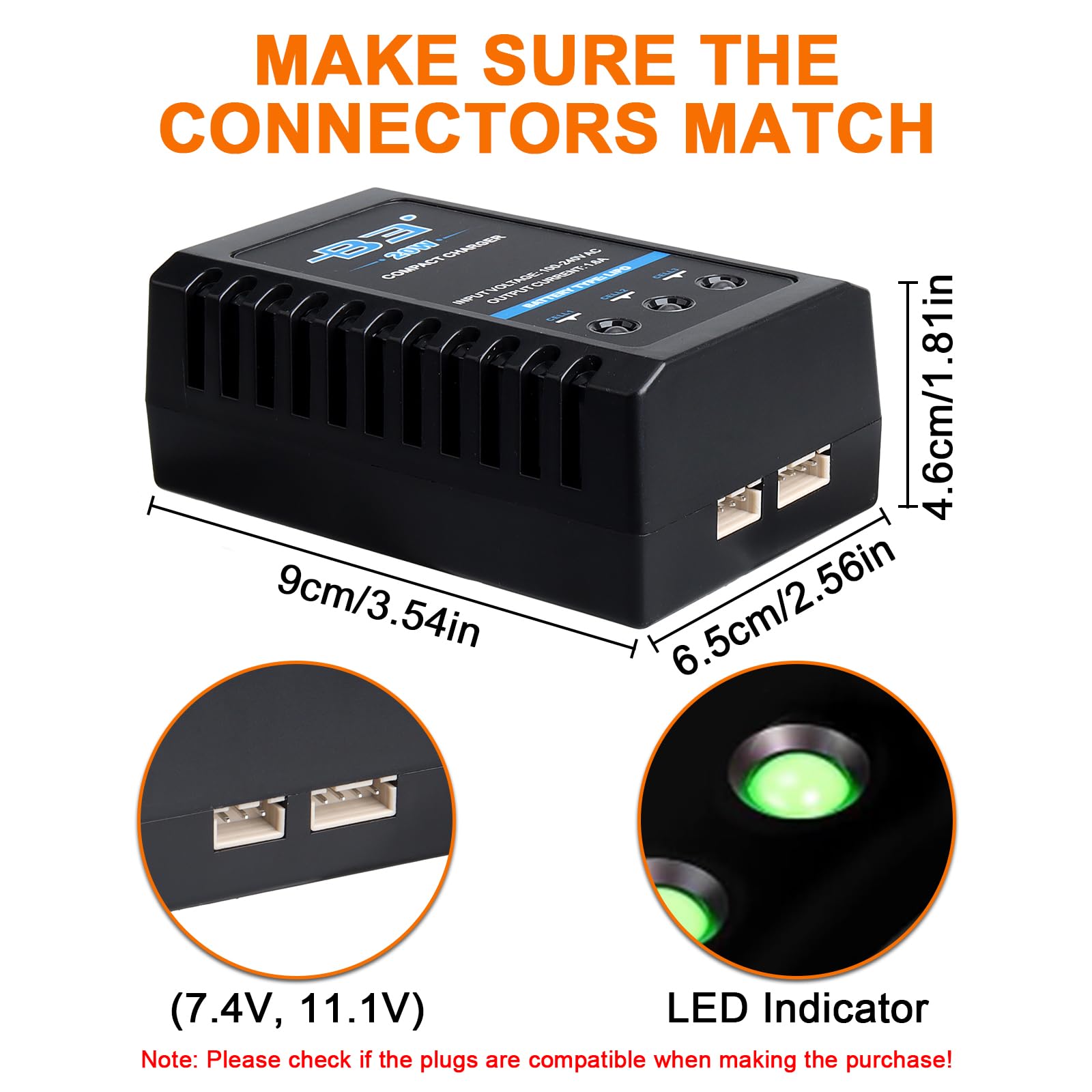 Cargador de Batería Lipo B3, Recarga Rápida RC Balance (110-240 V) para Baterías 2S y 3S (7,4 V, 11,1 V), Cargador Compacto de Batería Airsoft para Dron RC Quadcopter, Coche, Barco