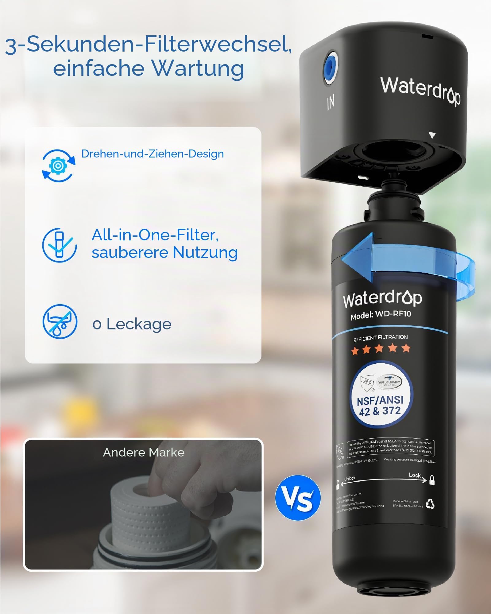 Waterdrop WD-RF10 Filtro per l'acqua, NSF/ANSI 42 Certificato, 30.000 Litri, Sostituzione per il Sistema di Filtrazione dell'acqua Sotto il Lavandino Waterdrop