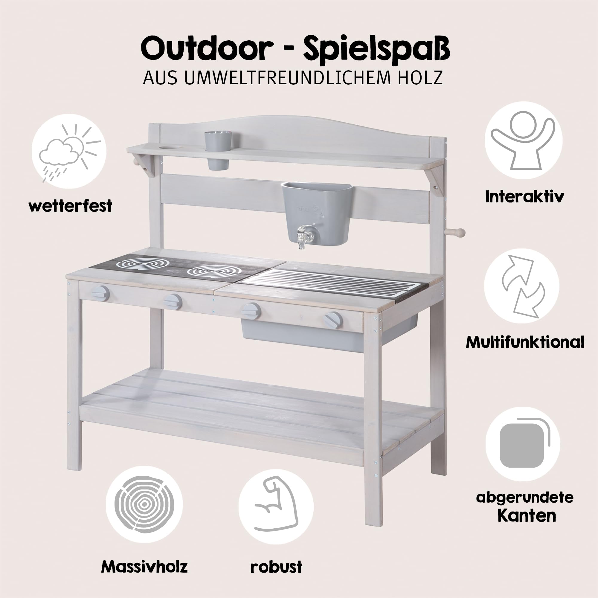 roba Matschküche für Kinder inkl. Zubehör - Funktionelle Outdoor Spielküche für Mädchen & Jungen - Wetterfestes Holz - Grau lasiert