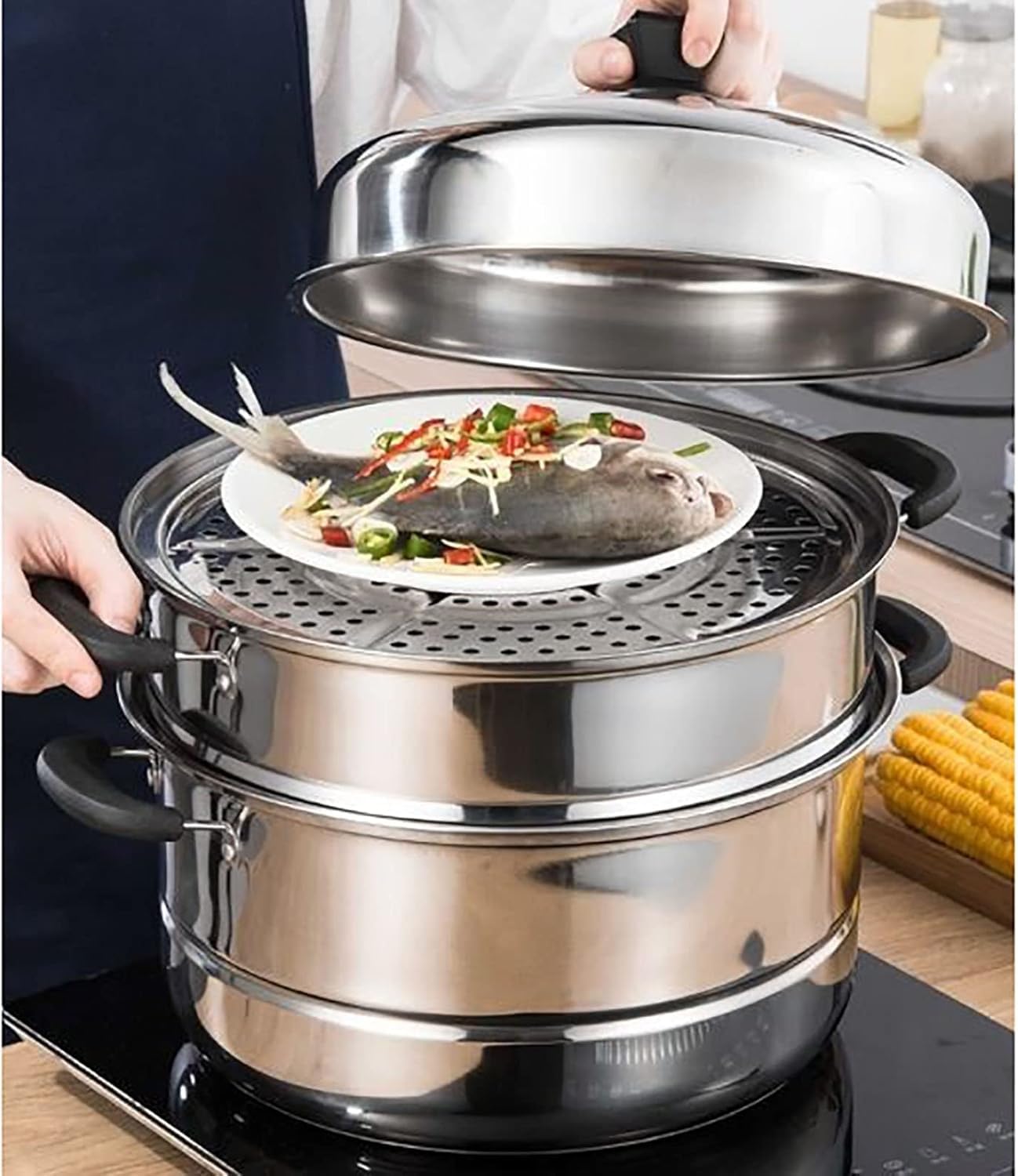 JFGCTYHXY Stainless steel steamer, 403 stainless steel 3-layer composite pot bottom for steaming buns fish seafood dumplings(32cm)