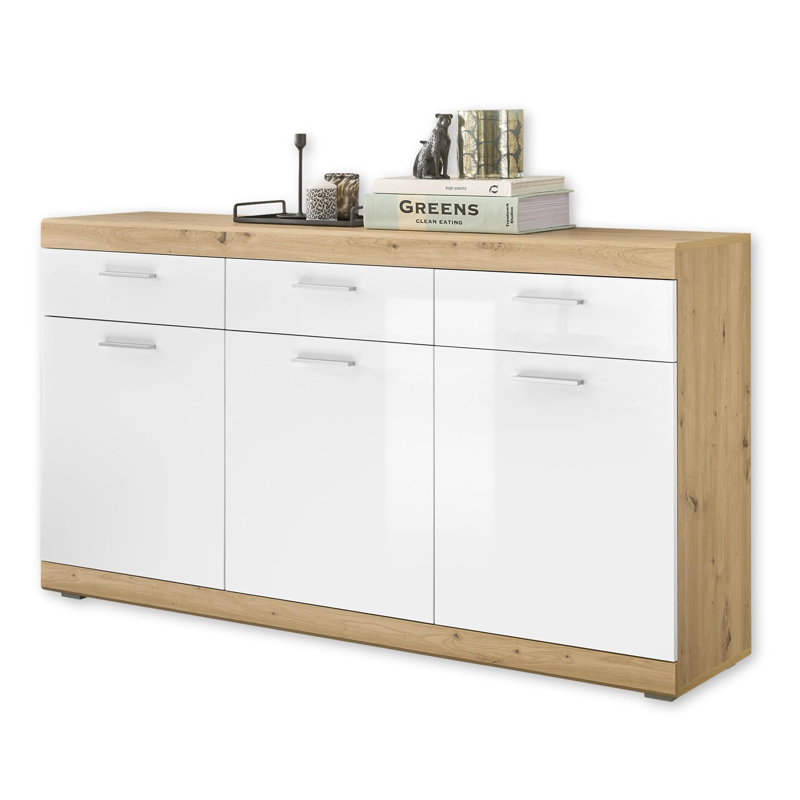 NOLA Sideboard in Artisan Eiche Optik, Weiß Hochglanz - Moderne Kommode mit Schubladen und viel Stauraum - 165 x 91 x 38 cm (B/H/T)