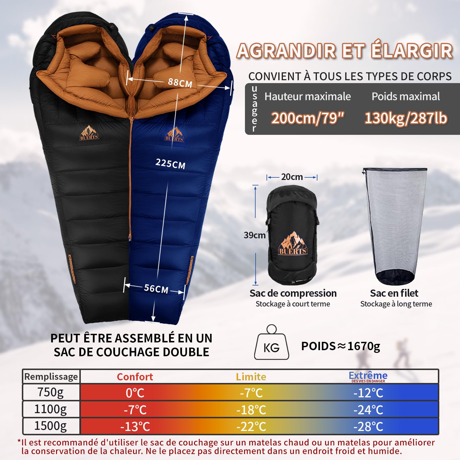 Sac de Couchage Duvet Hiver, XXL Adulte, 3 Saisons, Ultra-Léger, Idéal Camping, Randonnée, Backpacking et Survie en Plein Air