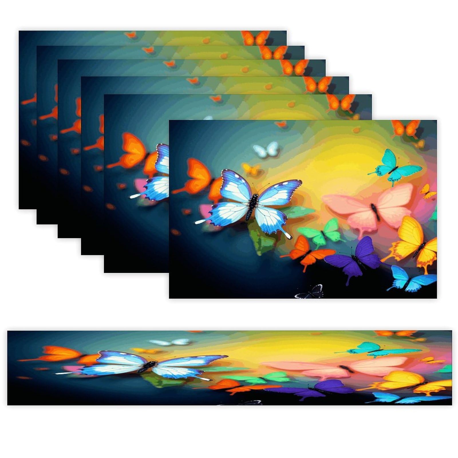 Colorful with Butterfly Table Runner and Placemats Set of 7 Linen Table Mat Non-Slip Place Mats Washable Placemat Heat Resistant Place Mat with Table Runner for Party Dining Decor