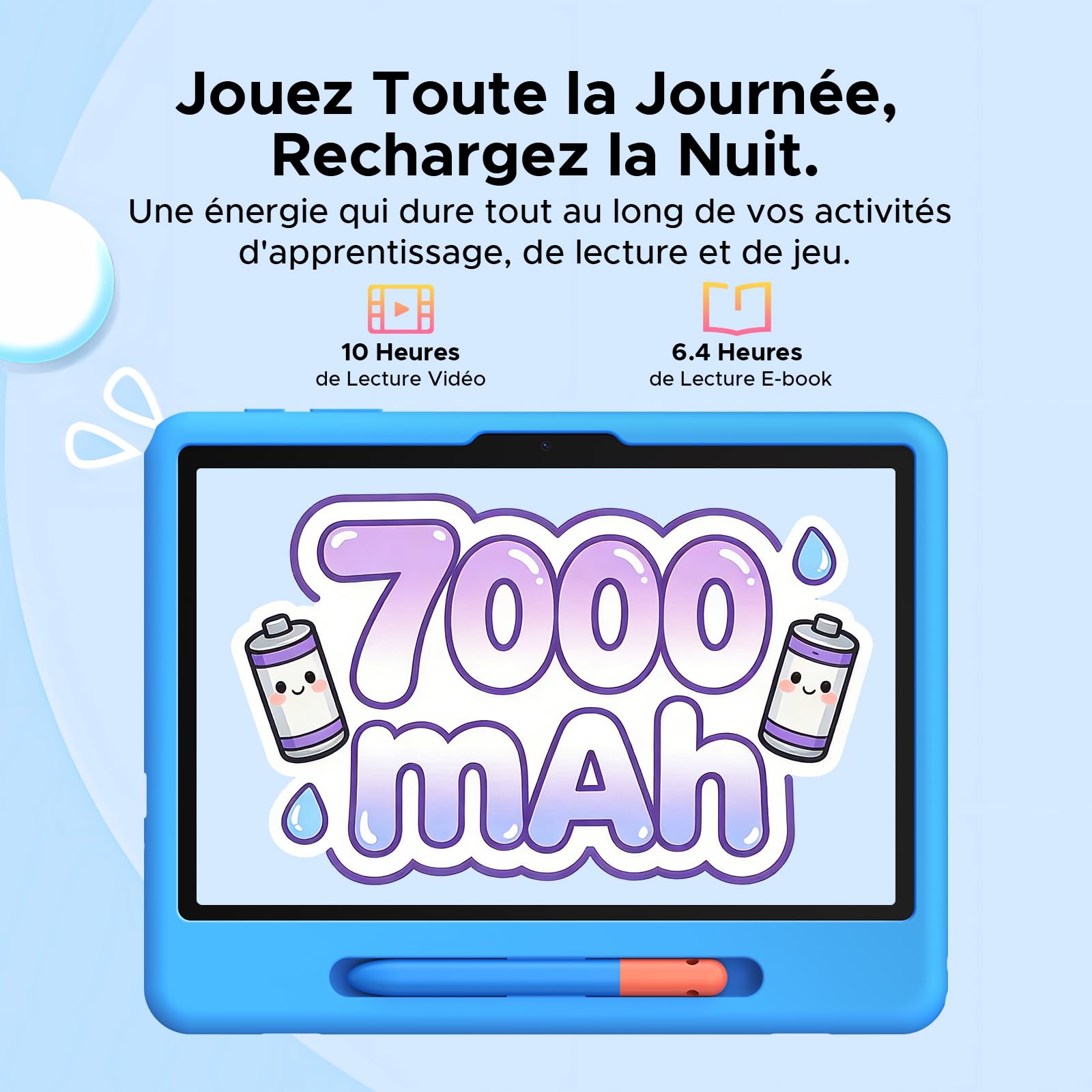 Tablette pour Enfants P10 Android 16, 10 Pouces, Gemini AI, 90 Hz, 32Go RAM + 64Go ROM, 7000 mAh/Wi-FI 5/OTG/Face ID, livrée avec étui de Protection et Stylet