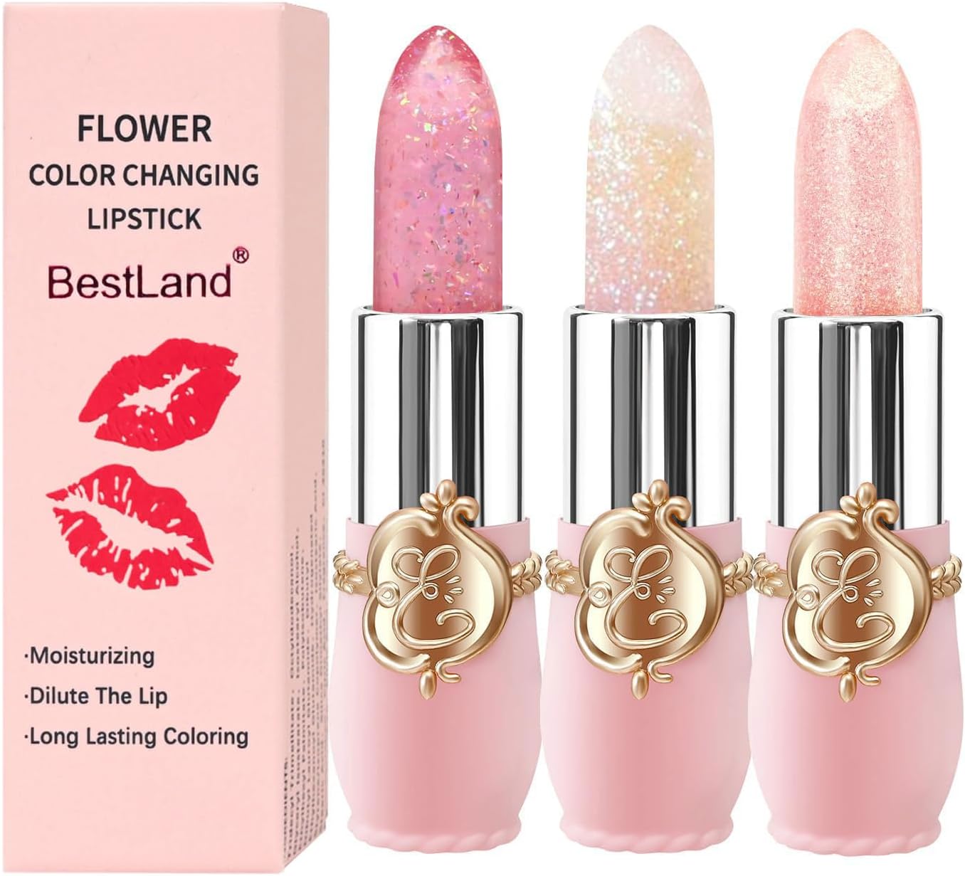 BestLand 3 Pcs/Set Flower Jelly Lipstick Set Temperature Change Moisturizer Long Lasting Nutritious Glossy Shine Lip Balm Magic Gold Crystal PH Color Change Lip Gloss for Women