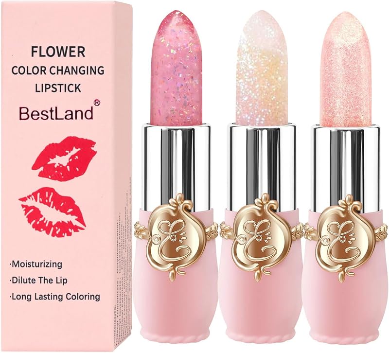 3 Pcs/Set Flower Jelly Lipstick Set Temperature Change Moisturizer Long Lasting Nutritious Glossy Shine Lip Balm Magic Gold Crystal PH Color Change Lip Gloss for Women