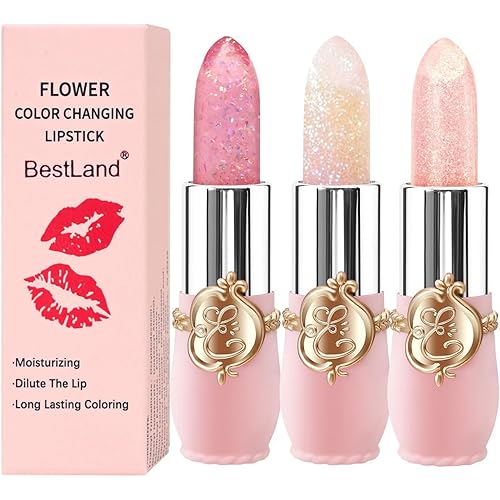 3 Pcs/Set Flower Jelly Lipstick Set Temperature Change Moisturizer Long Lasting Nutritious Glossy Shine Lip Balm Magic Gold Crystal PH Color Change Lip Gloss for Women
