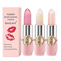 Vista 1 de BestLand 3 Pcs/Set Flower Jelly Lipstick Set Temperature Change Moisturizer Long Lasting Nutritious Glossy Shine Lip Balm Magic Gold Crystal PH