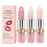 BestLand 3 Pcs/Set Flower Jelly Lipstick Set Temperature Change Moisturizer Long Lasting Nutritious Glossy Shine Lip Balm Magic Gold Crystal PH Color Change Lip Gloss for Women