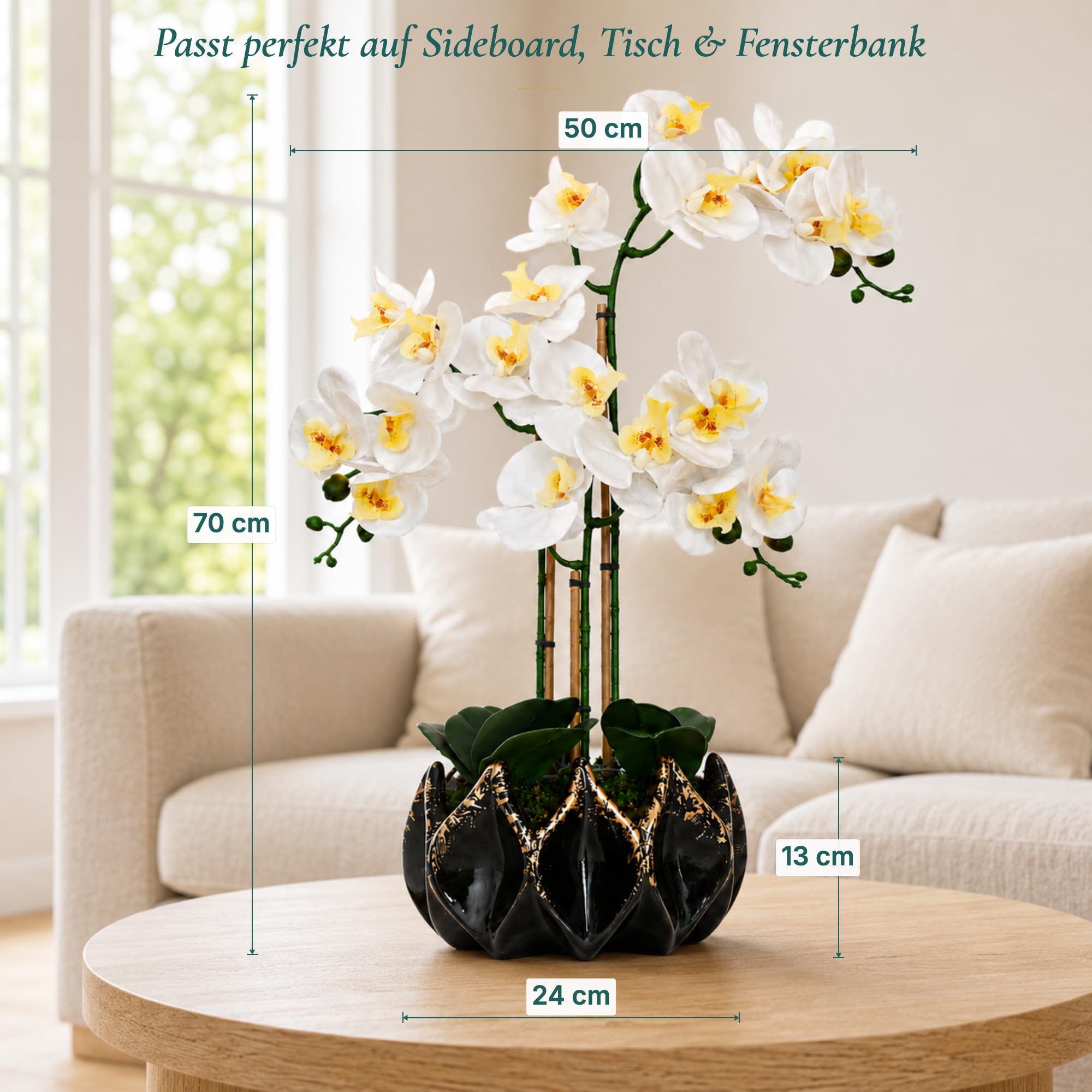 Orquídeas artificiales de 70 cm – Orquídea artificial Phalaenopsis hecha a mano en maceta de cerámica negra y dorada con bambú auténtico, sin mantenimiento – Decoración (negro y dorado)